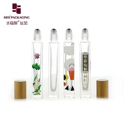 Beli 10ml High End Empty Square Glass Roll On Bottle with Bamboo Wooden Cap and 3D Printing Logo Service for Perfume Oil Serum pembuatan online